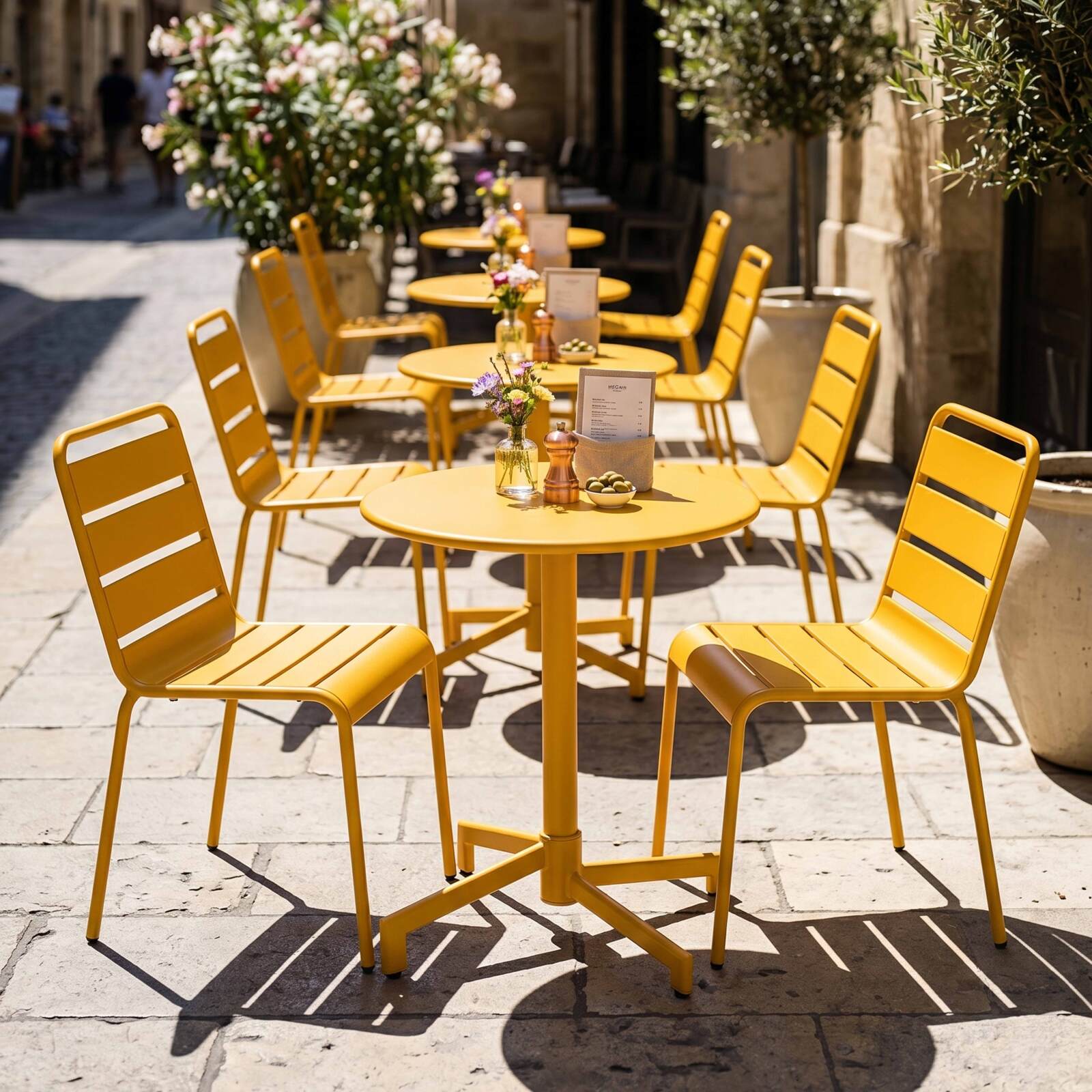 Table de jardin bistrot ronde inclinable en métal avec pied encastrable Ø70 cm et 2 chaises