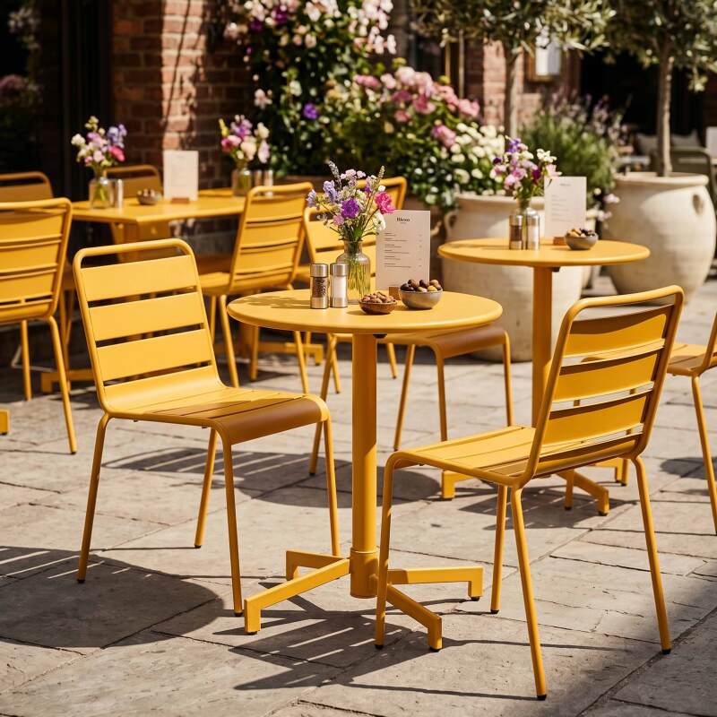 Table de jardin bistrot ronde inclinable en métal avec pied encastrable Ø70 cm et 2 chaises (8/11)