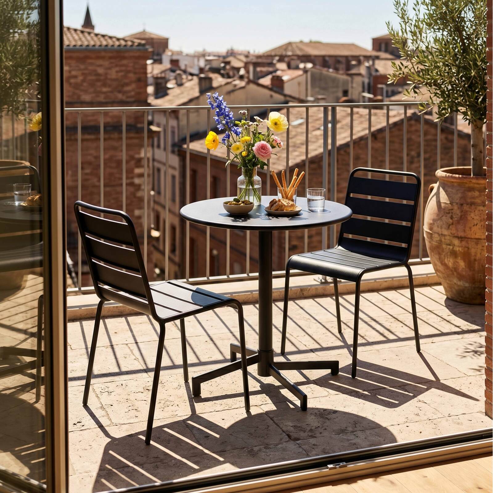 Table de jardin bistrot ronde inclinable en métal avec pied encastrable Ø70 cm et 2 chaises