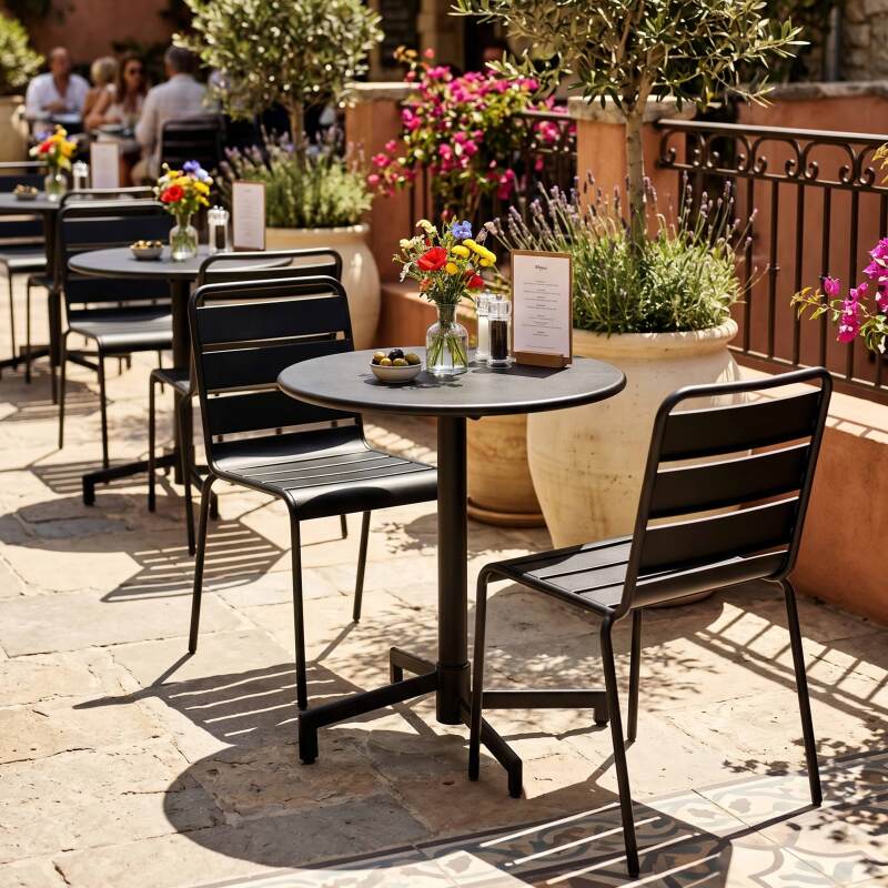 Table de jardin bistrot ronde inclinable en métal avec pied encastrable Ø70 cm et 2 chaises (6/10)