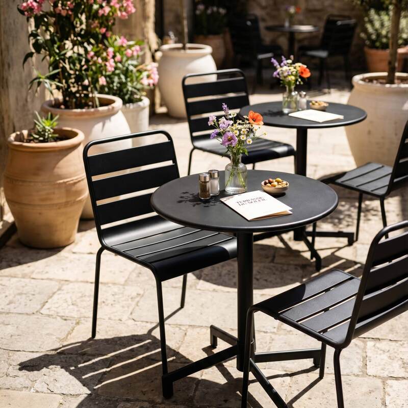Table de jardin bistrot ronde inclinable en métal avec pied encastrable Ø70 cm et 2 chaises (7/10)