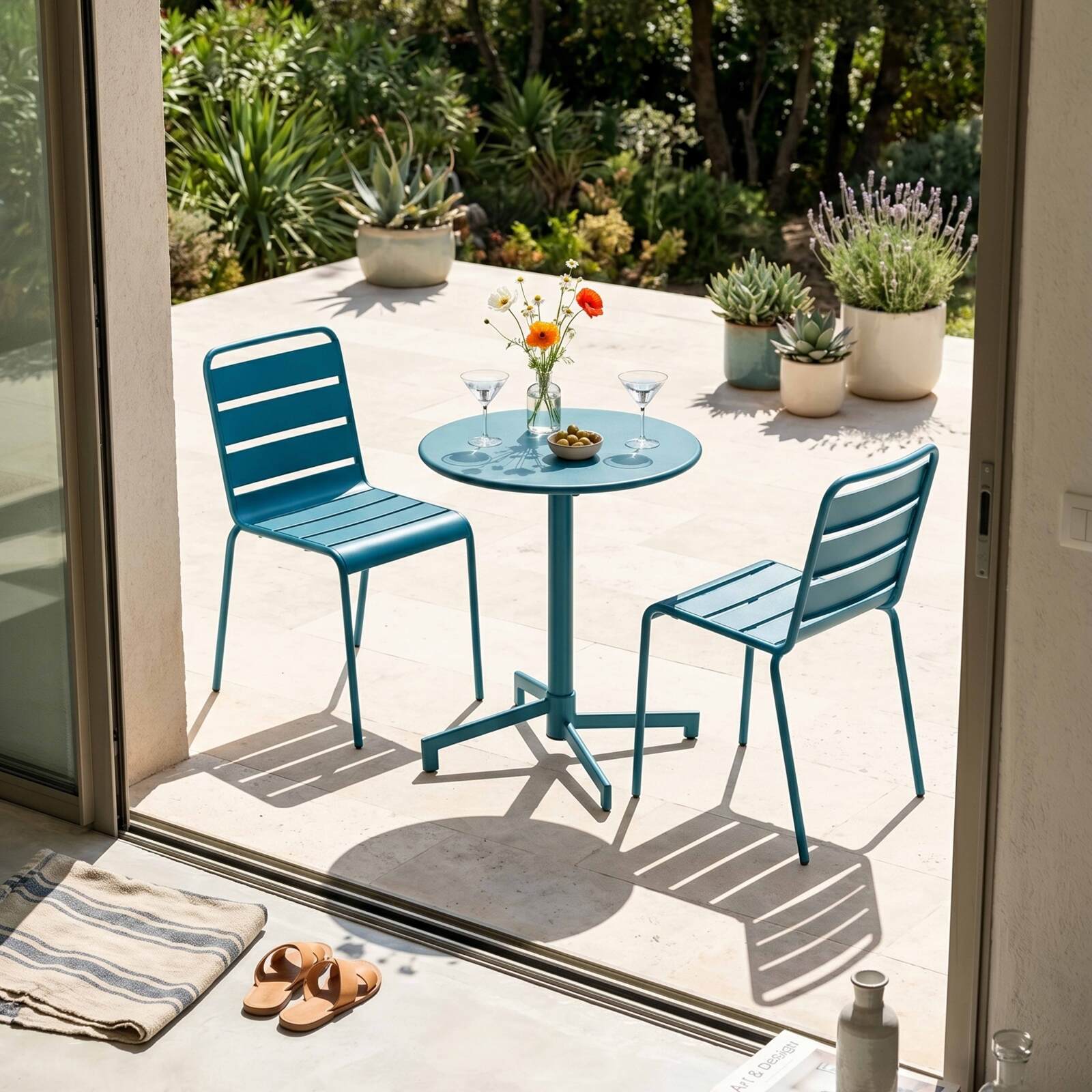 Table de jardin bistrot ronde inclinable en métal avec pied encastrable Ø70 cm et 2 chaises