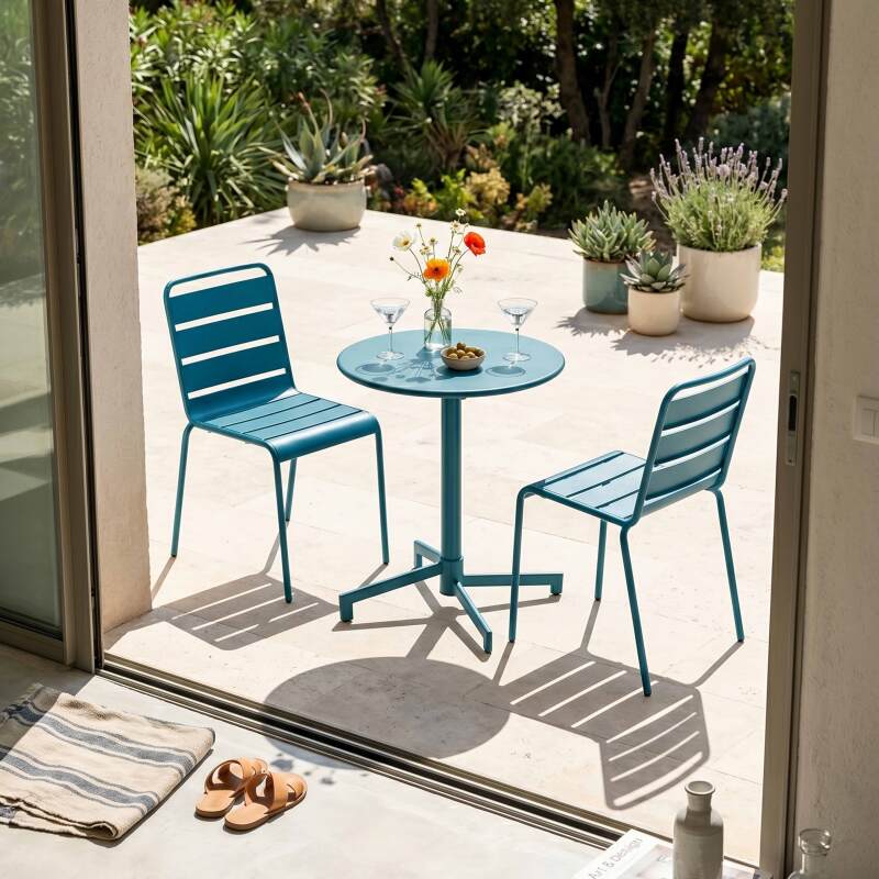 Table de jardin bistrot ronde inclinable en métal avec pied encastrable Ø70 cm et 2 chaises