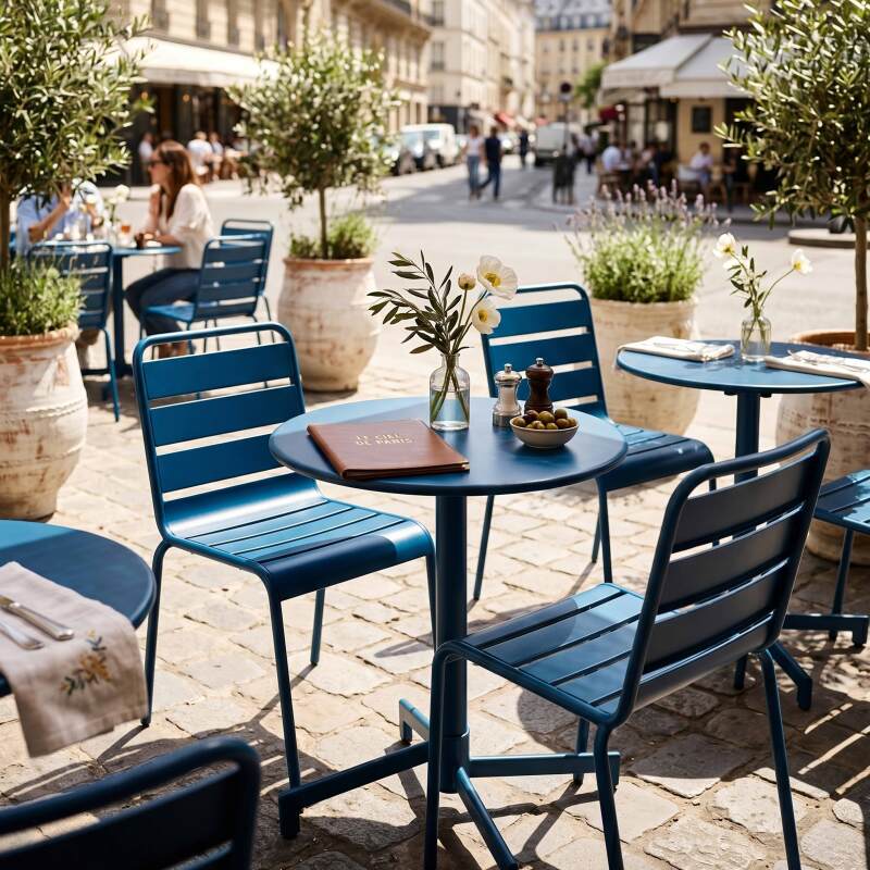 Table de jardin bistrot ronde inclinable en métal avec pied encastrable Ø70 cm et 2 chaises (6/11)