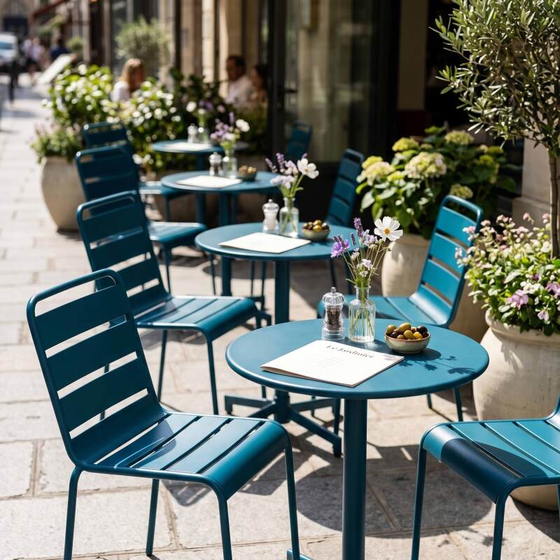 Table de jardin bistrot ronde inclinable en métal avec pied encastrable Ø70 cm et 2 chaises (7/11)
