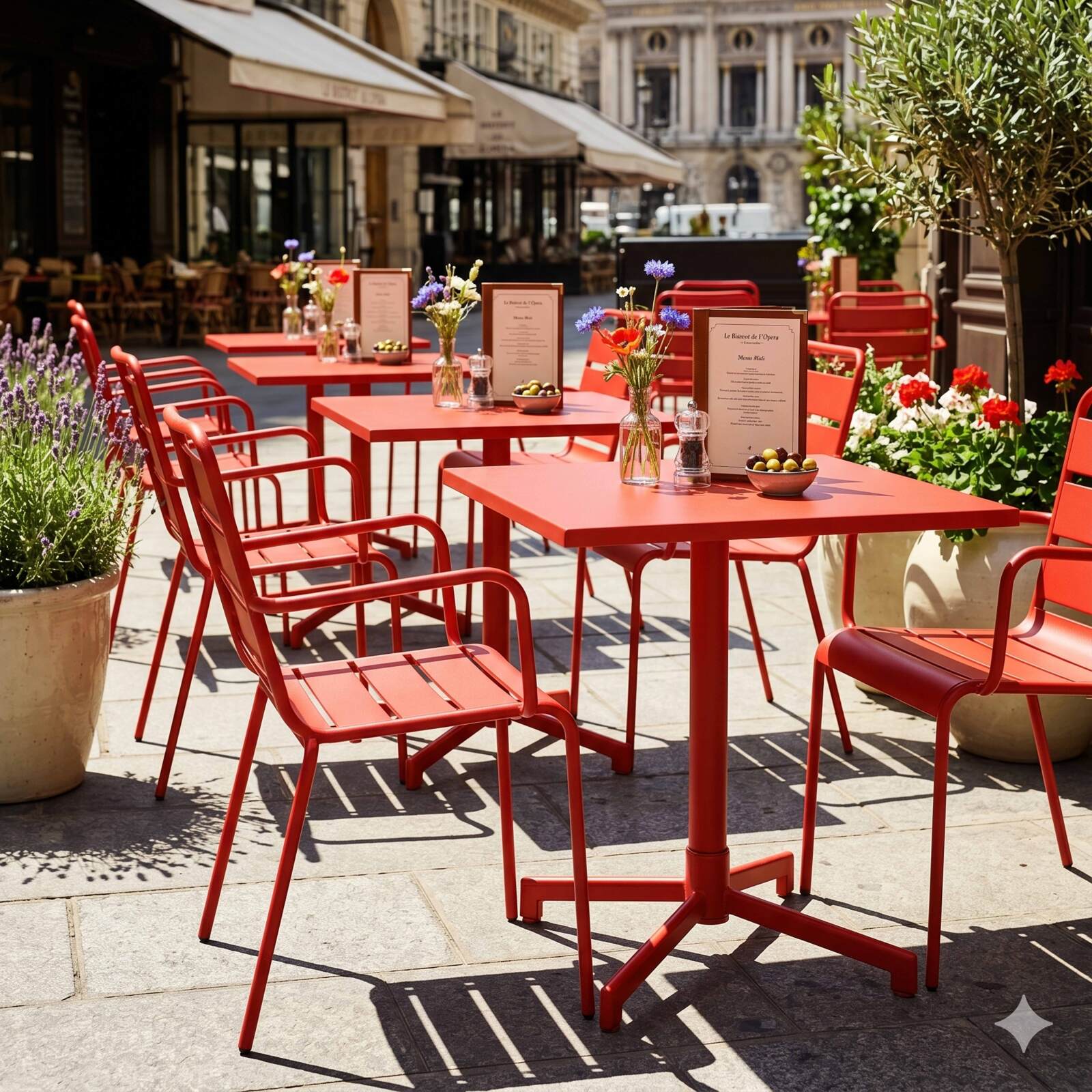Table de jardin bistrot carrée inclinable en métal avec pied encastrable 70x70 cm et 2 chaises avec accoudoirs
