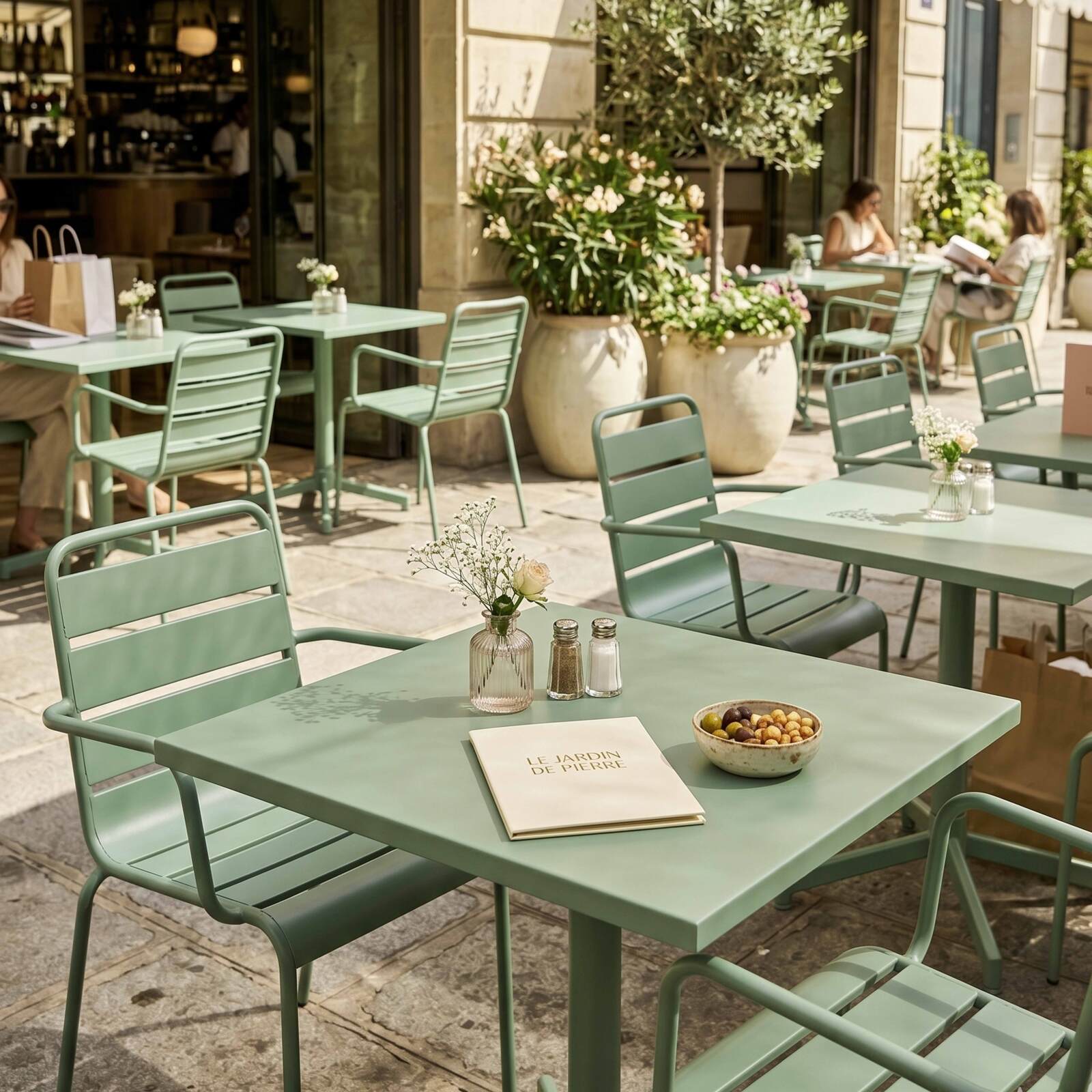 Table de jardin bistrot carrée inclinable en métal avec pied encastrable 70x70 cm et 2 chaises avec accoudoirs