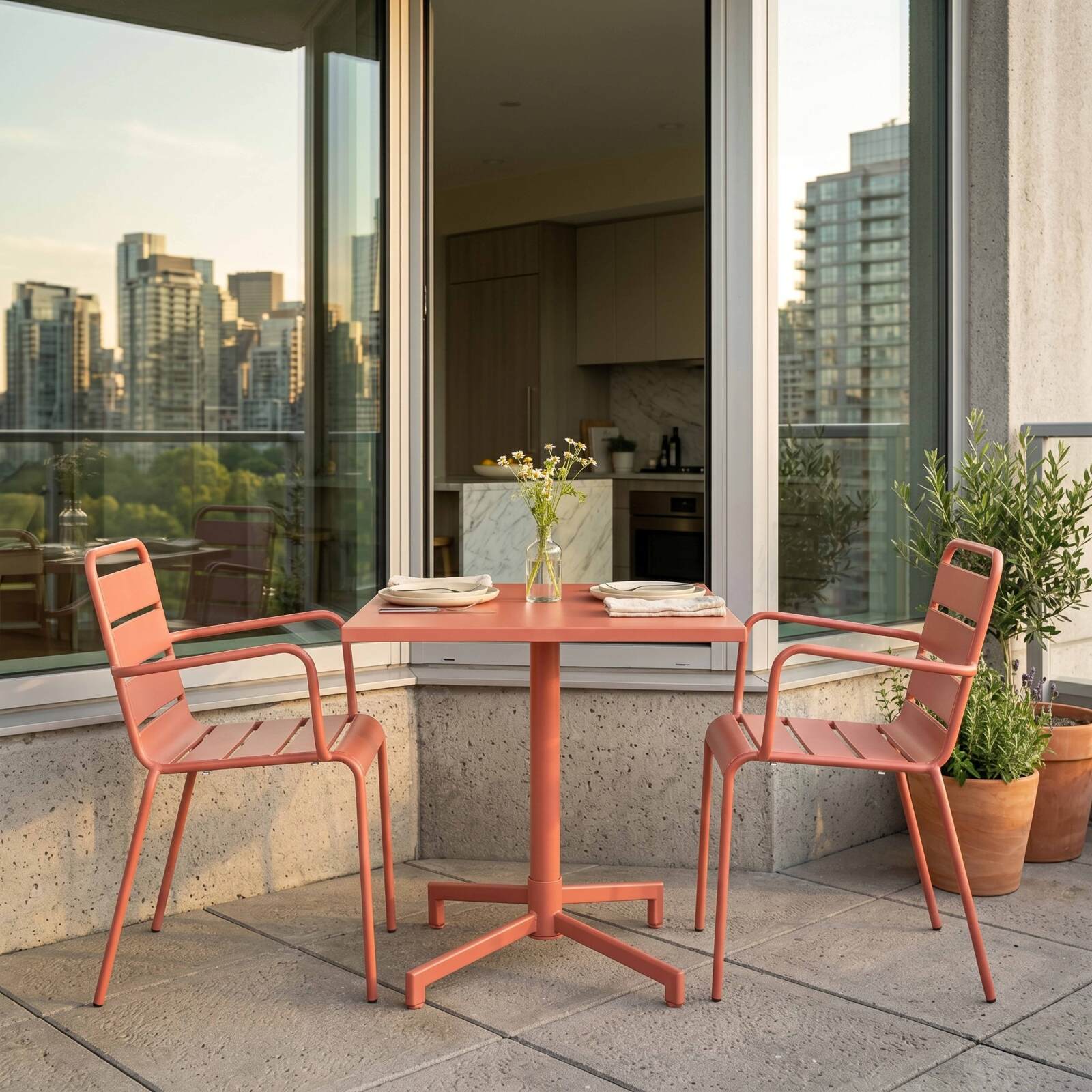 Table de jardin bistrot carrée inclinable en métal avec pied encastrable 70x70 cm et 2 chaises avec accoudoirs