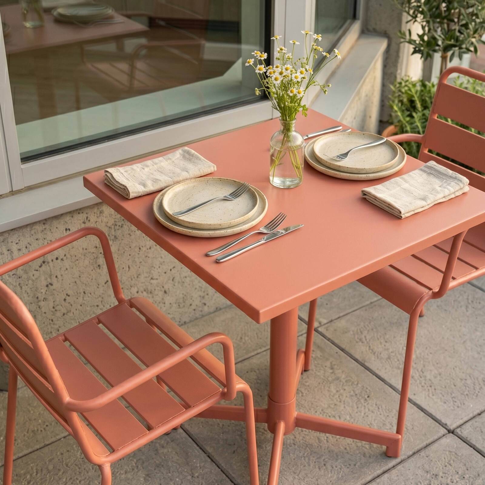 Table de jardin bistrot carrée inclinable en métal avec pied encastrable 70x70 cm et 2 chaises avec accoudoirs