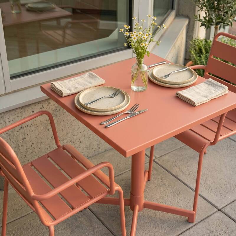 Table de jardin bistrot carrée inclinable en métal avec pied encastrable 70x70 cm et 2 chaises avec accoudoirs (4/7)