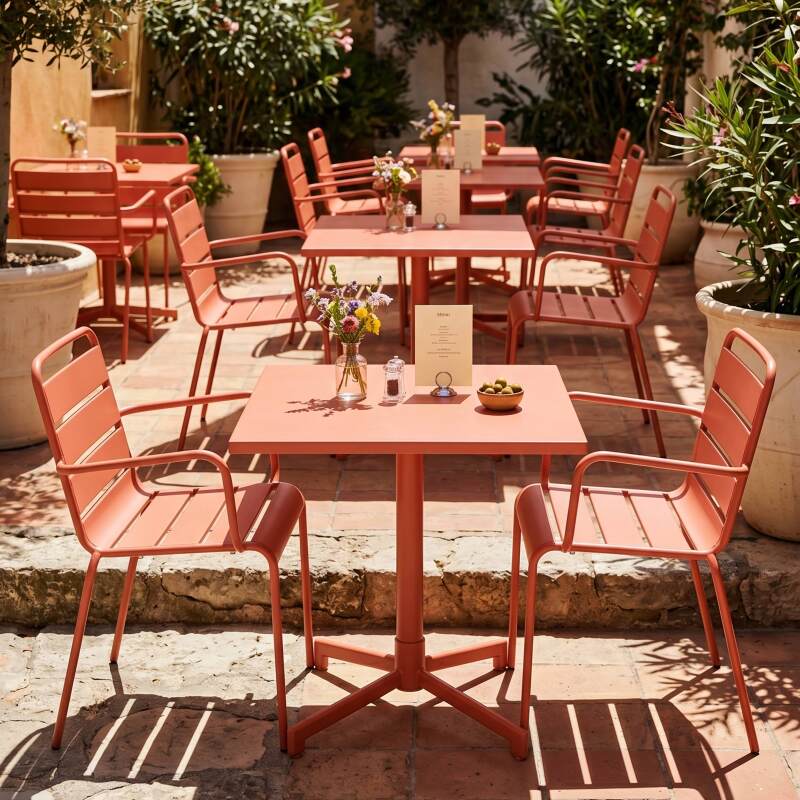 Table de jardin bistrot carrée inclinable en métal avec pied encastrable 70x70 cm et 2 chaises avec accoudoirs (6/7)