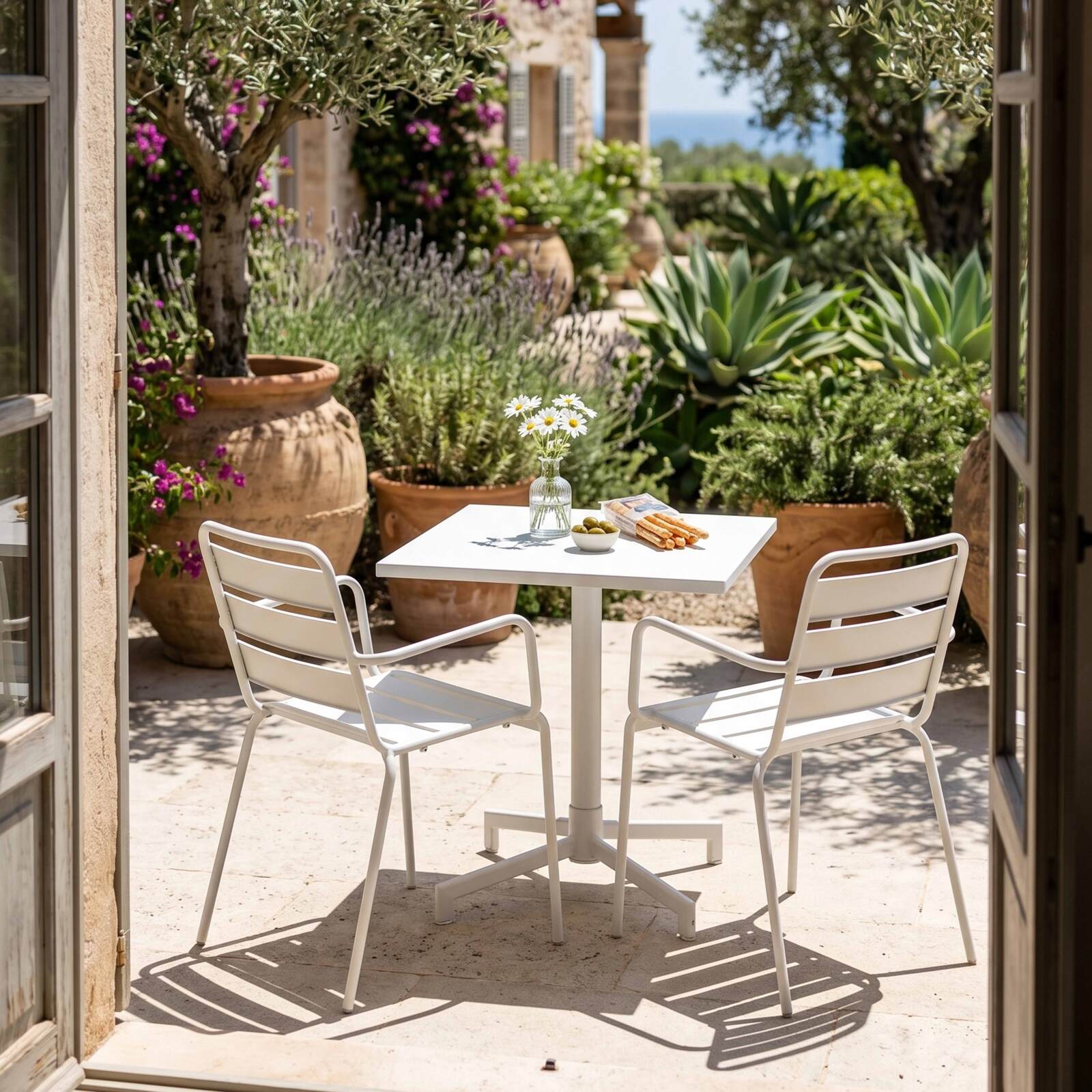 Table de jardin bistrot carrée inclinable en métal avec pied encastrable 70x70 cm et 2 chaises avec accoudoirs