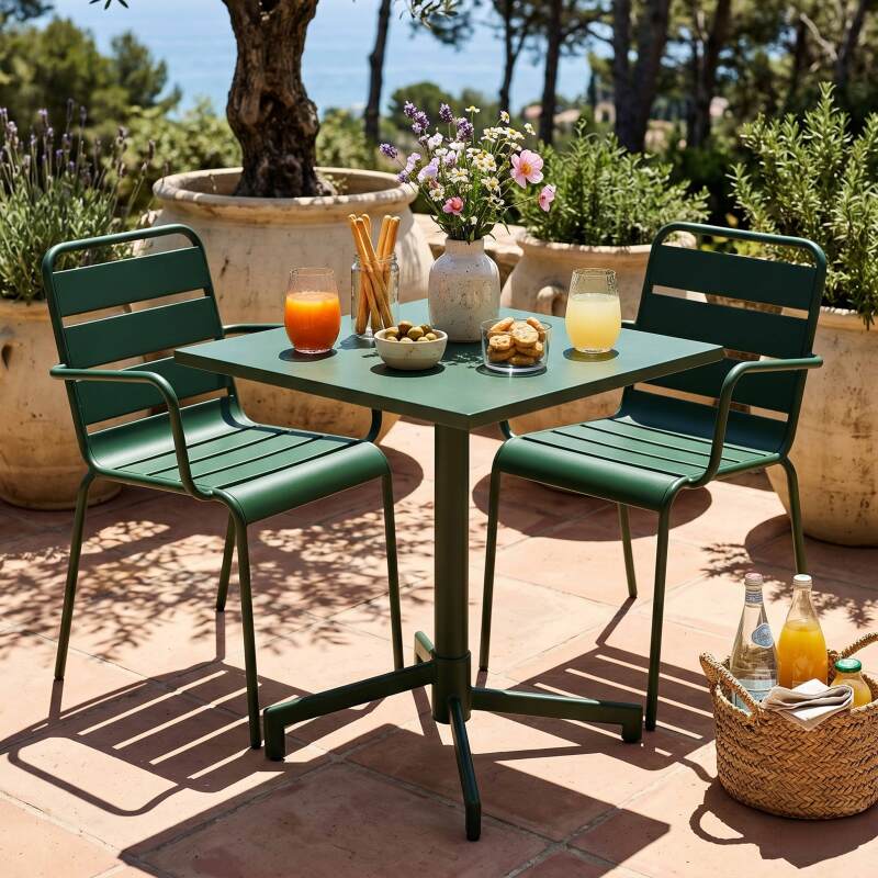 Table de jardin bistrot carrée inclinable en métal avec pied encastrable 70x70 cm et 2 chaises avec accoudoirs