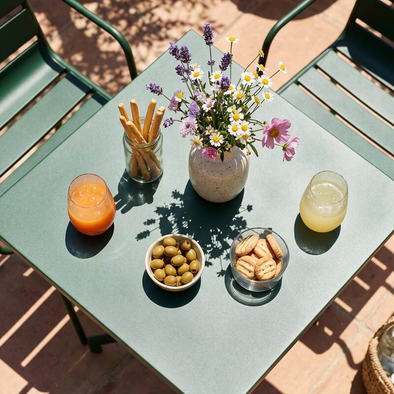 Table de jardin bistrot carrée inclinable en métal avec pied encastrable 70x70 cm et 2 chaises avec accoudoirs (2/7)