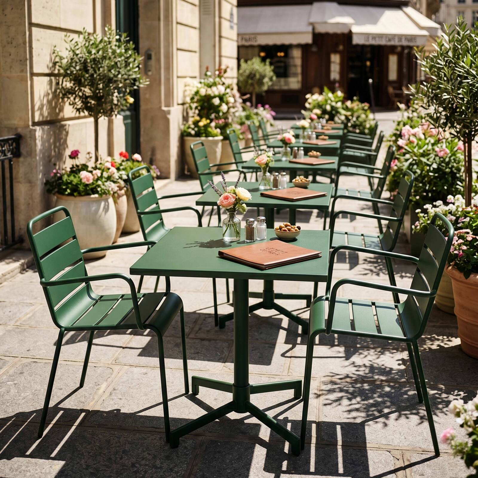 Table de jardin bistrot carrée inclinable en métal avec pied encastrable 70x70 cm et 2 chaises avec accoudoirs
