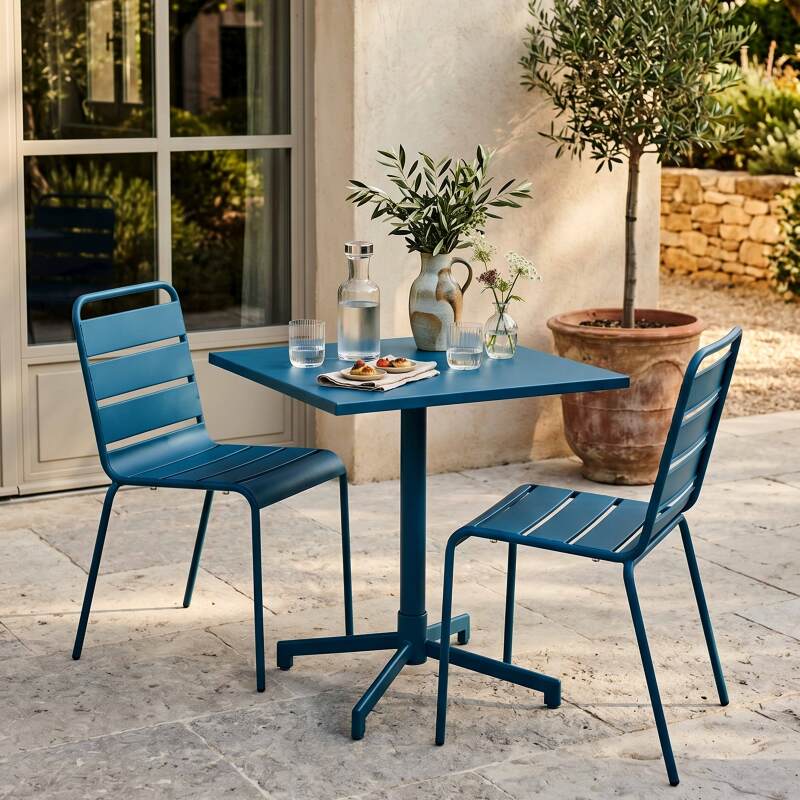 Table de jardin bistrot carré inclinable en métal avec pied encastrable 70x70 cm et 2 chaises