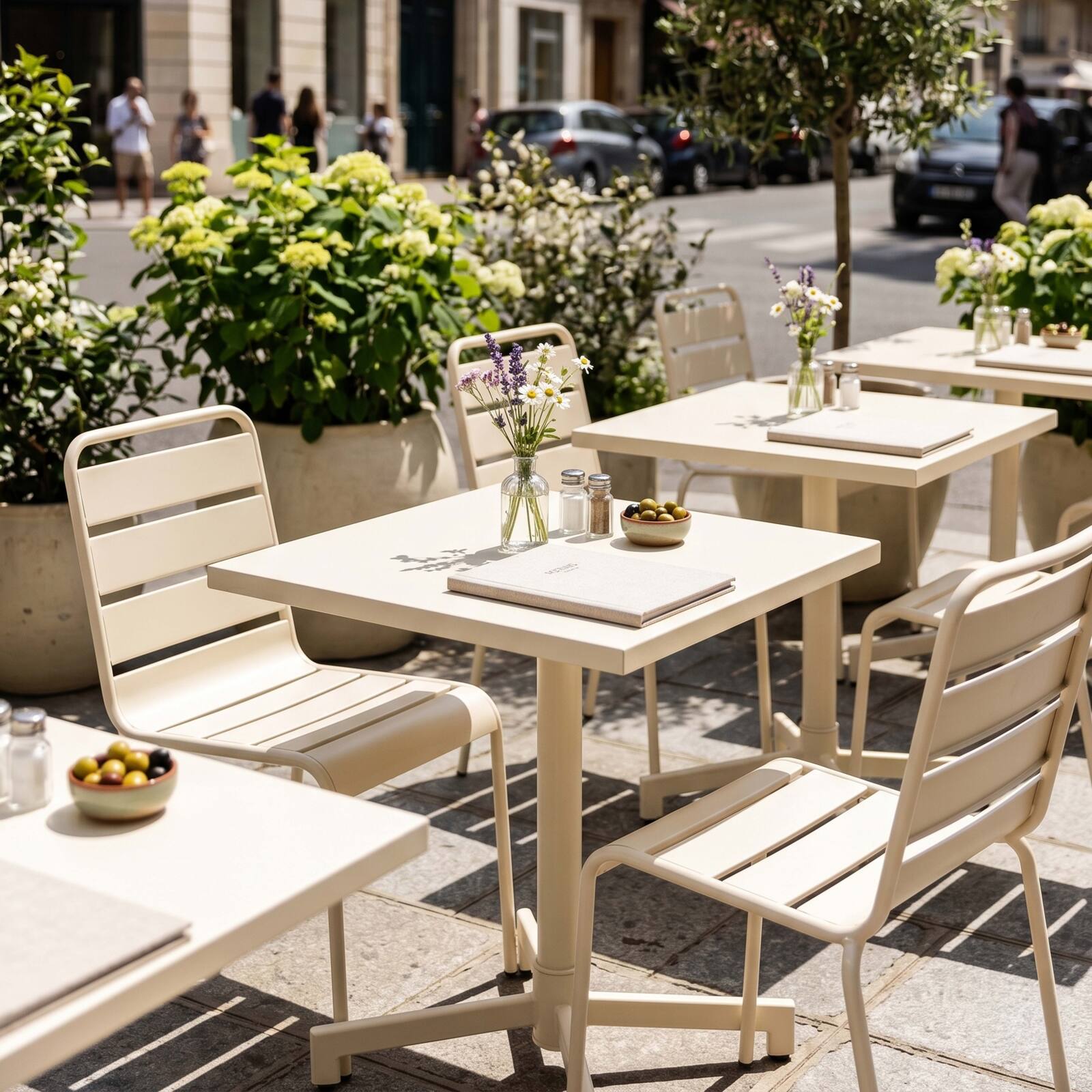 Table de jardin bistrot carré inclinable en métal avec pied encastrable 70x70 cm et 2 chaises