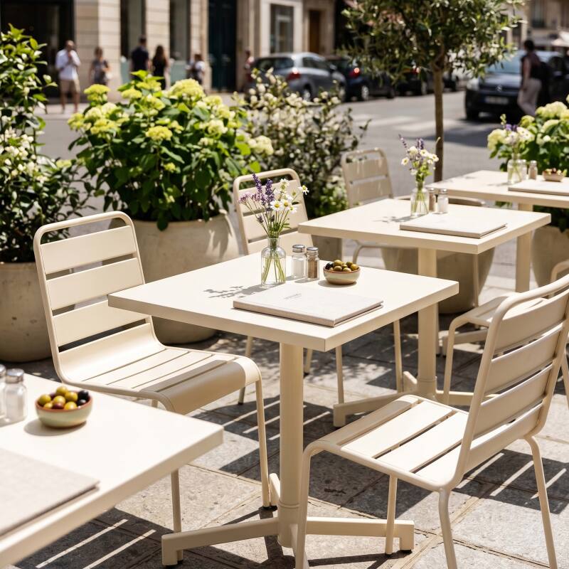 Table de jardin bistrot carré inclinable en métal avec pied encastrable 70x70 cm et 2 chaises (6/8)