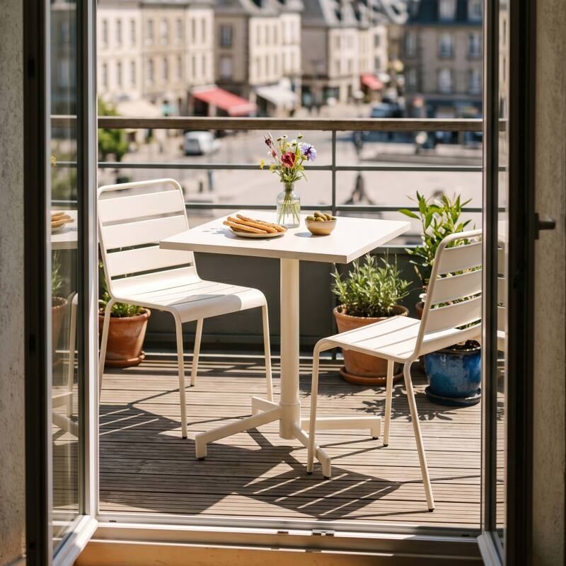 Table de jardin bistrot carré inclinable en métal avec pied encastrable 70x70 cm et 2 chaises