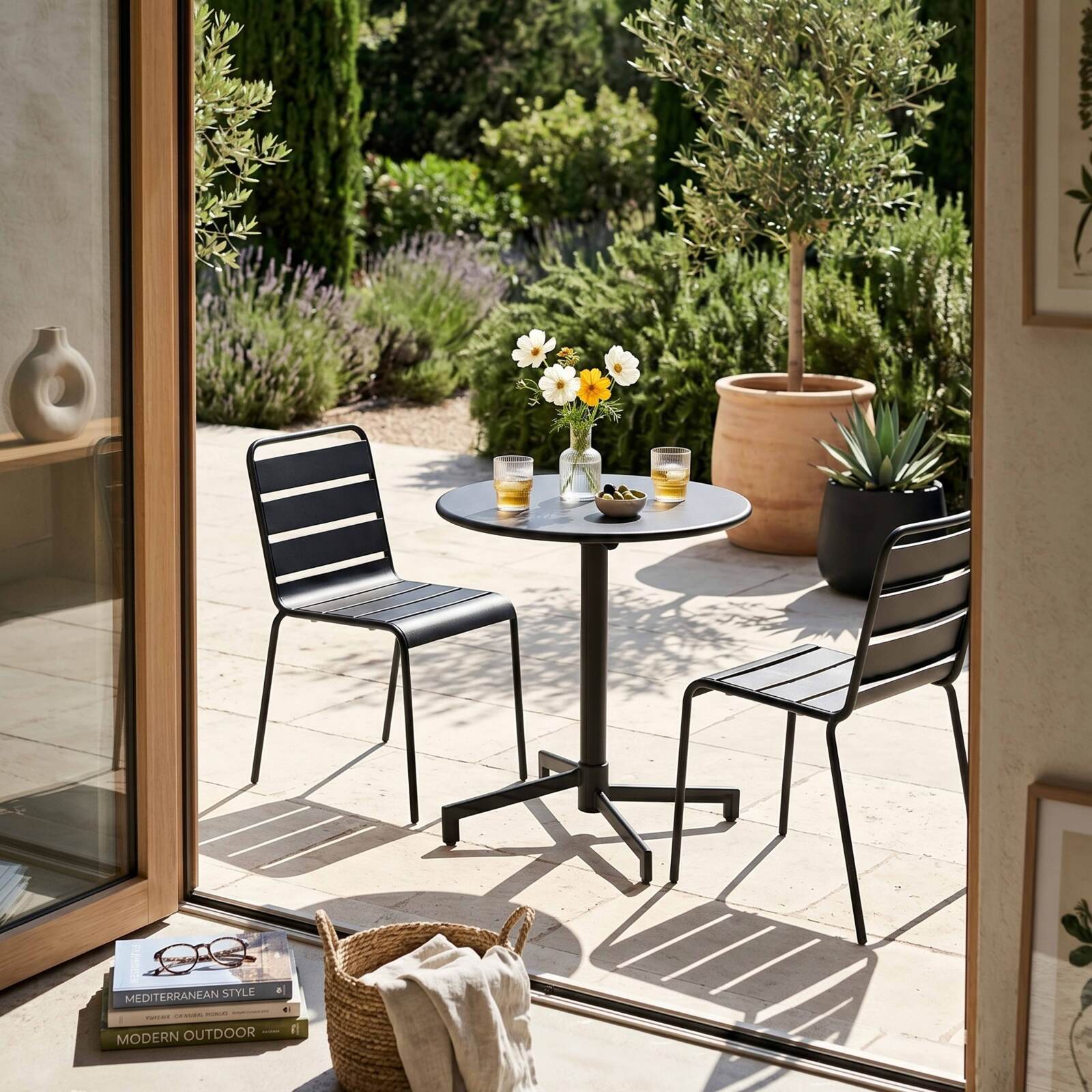 Table de jardin bistrot ronde inclinable en métal avec pied encastrable Ø70 cm et 2 chaises
