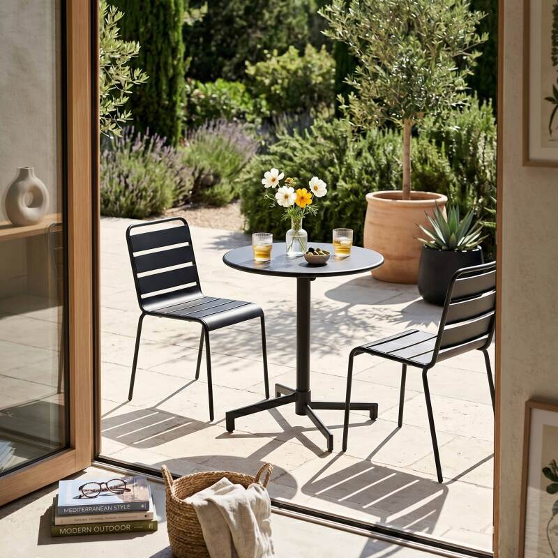 Table de jardin bistrot ronde inclinable en métal avec pied encastrable Ø70 cm et 2 chaises (3/10)