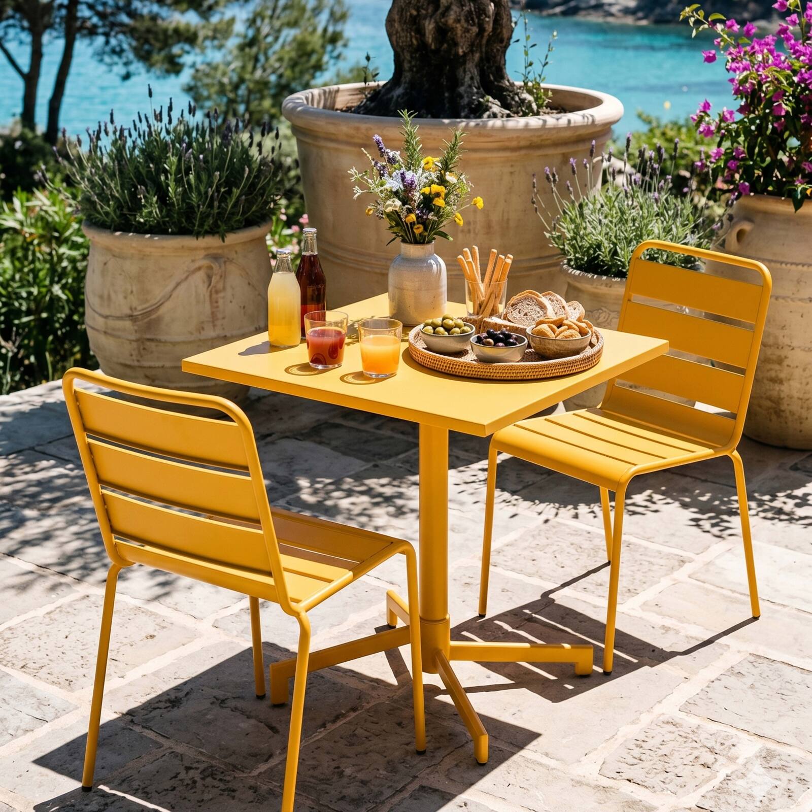 Table de jardin bistrot carré inclinable en métal avec pied encastrable 70x70 cm et 2 chaises