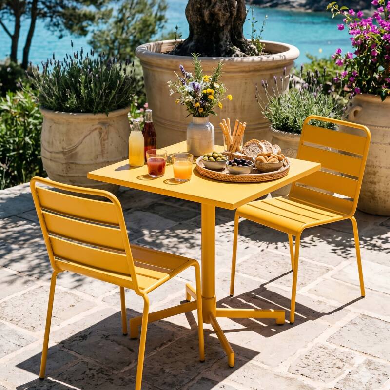 Table de jardin bistrot carré inclinable en métal avec pied encastrable 70x70 cm et 2 chaises