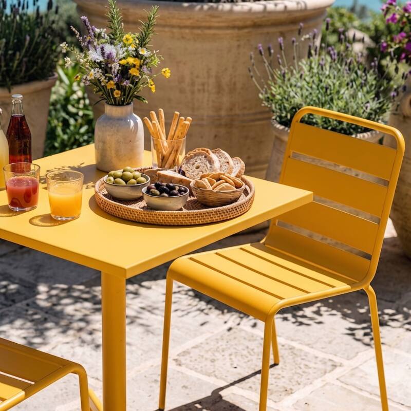 Table de jardin bistrot carré inclinable en métal avec pied encastrable 70x70 cm et 2 chaises (2/8)