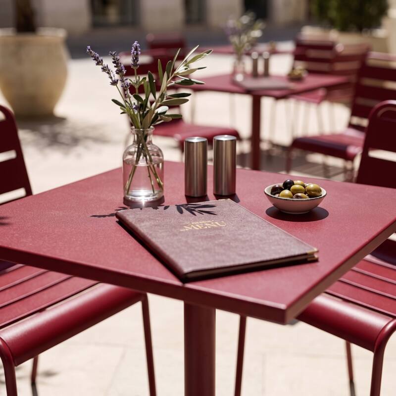 Table de jardin bistrot carré inclinable en métal avec pied encastrable 70x70 cm et 2 chaises (5/7)