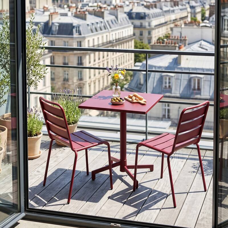Table de jardin bistrot carré inclinable en métal avec pied encastrable 70x70 cm et 2 chaises