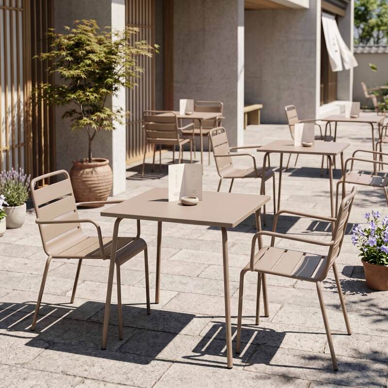Table de jardin bistrot carrée en métal 70x70 cm et 2 chaises avec accoudoirs (3/7)