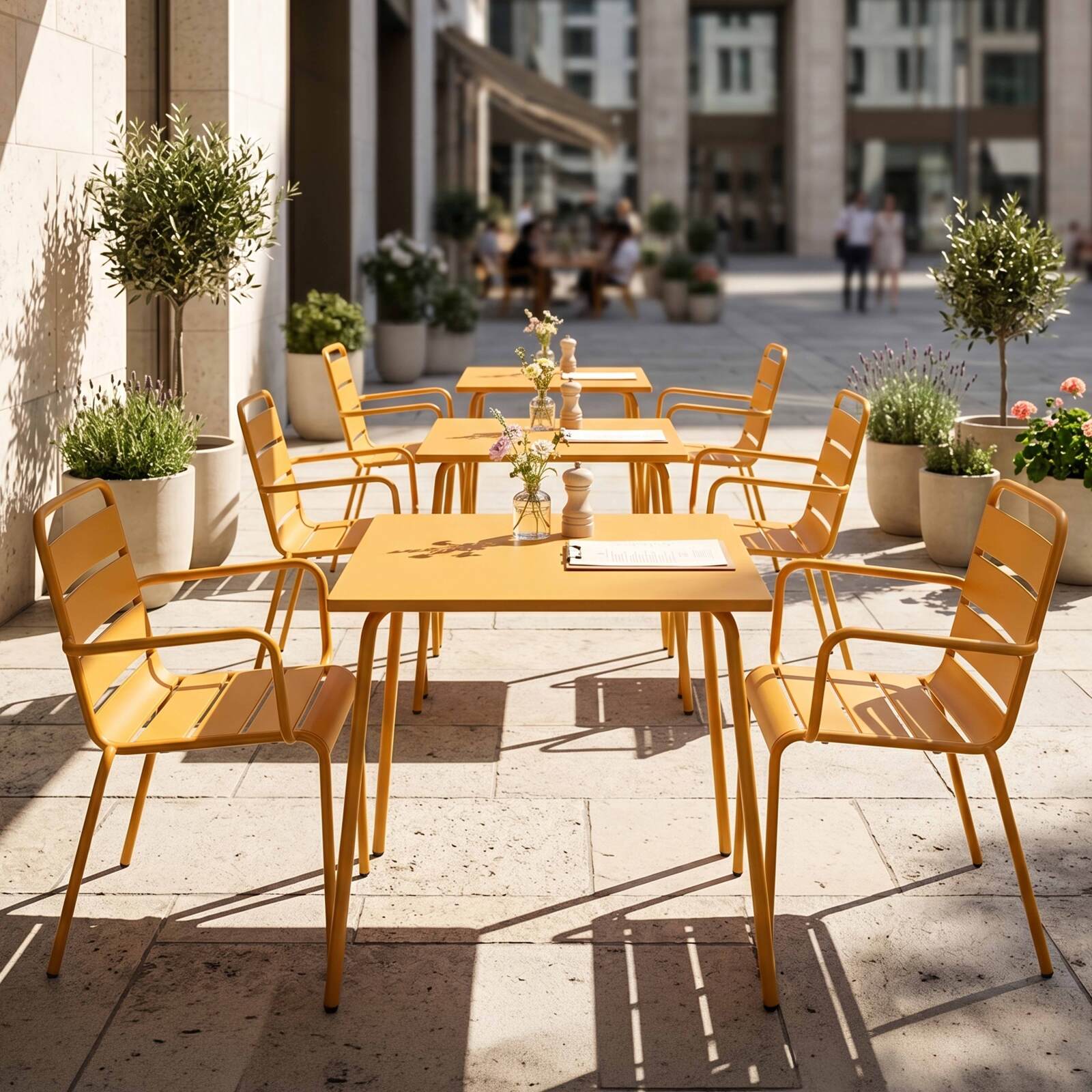 Table de jardin bistrot carrée en métal 70x70 cm et 2 chaises avec accoudoirs