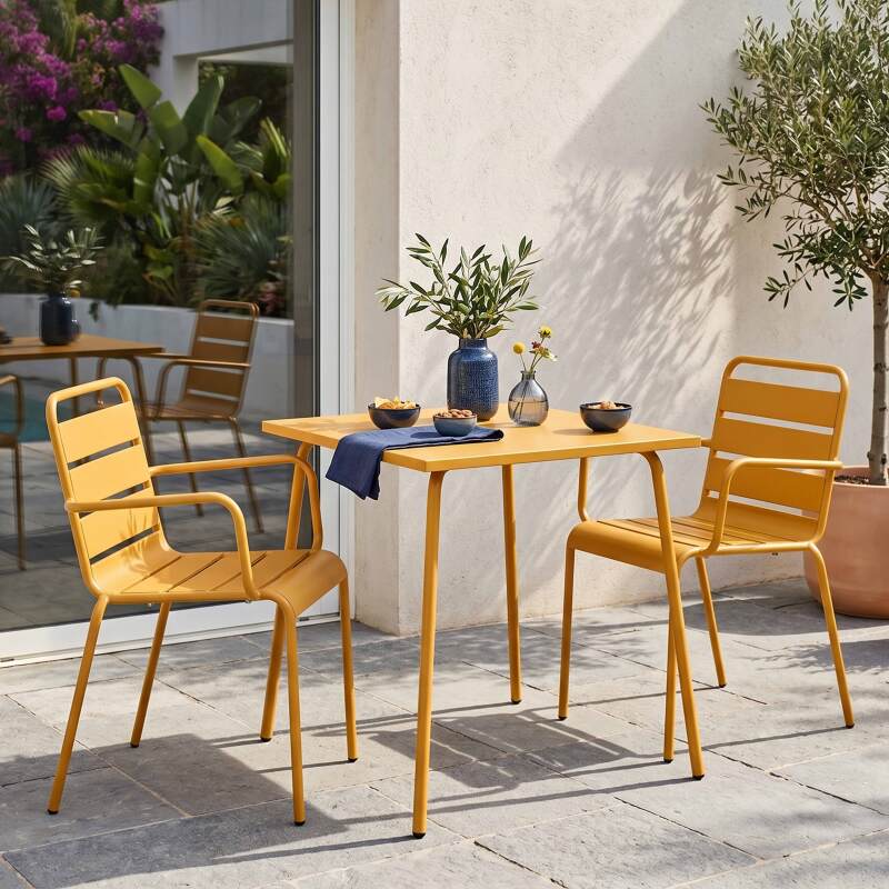 Table de jardin bistrot carrée en métal 70x70 cm et 2 chaises avec accoudoirs (5/7)