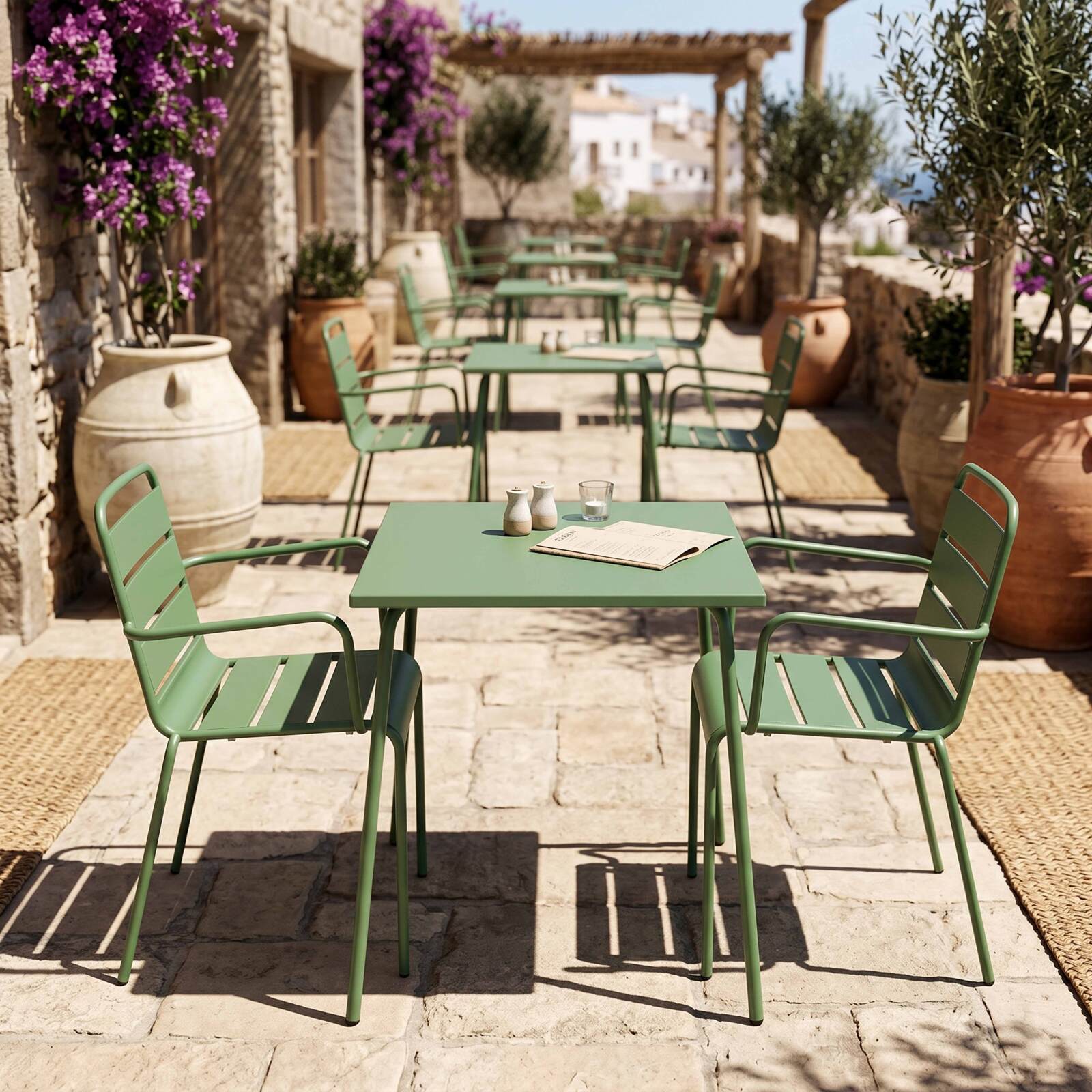 Table de jardin bistrot carrée en métal 70x70 cm et 2 chaises avec accoudoirs