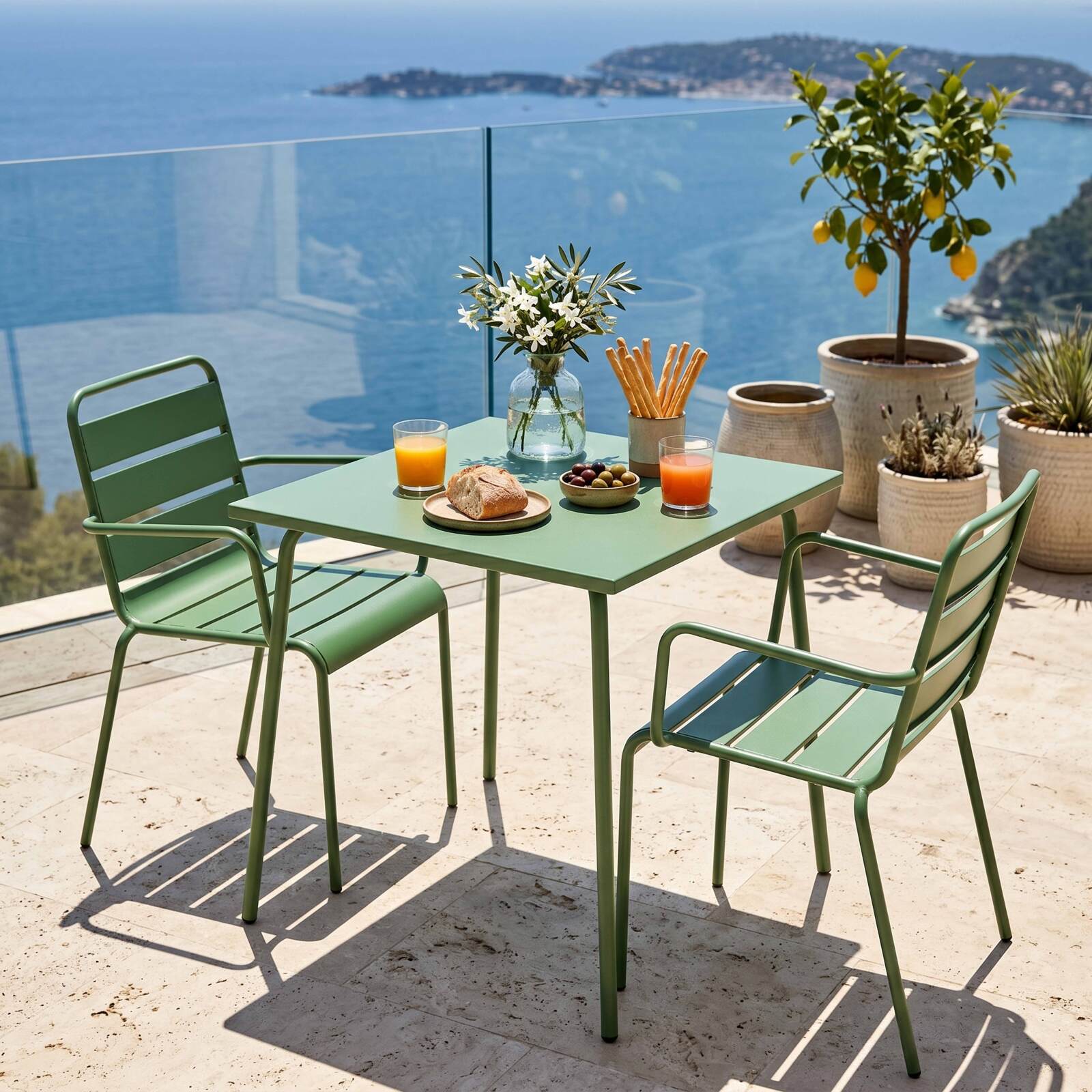 Table de jardin bistrot carrée en métal 70x70 cm et 2 chaises avec accoudoirs
