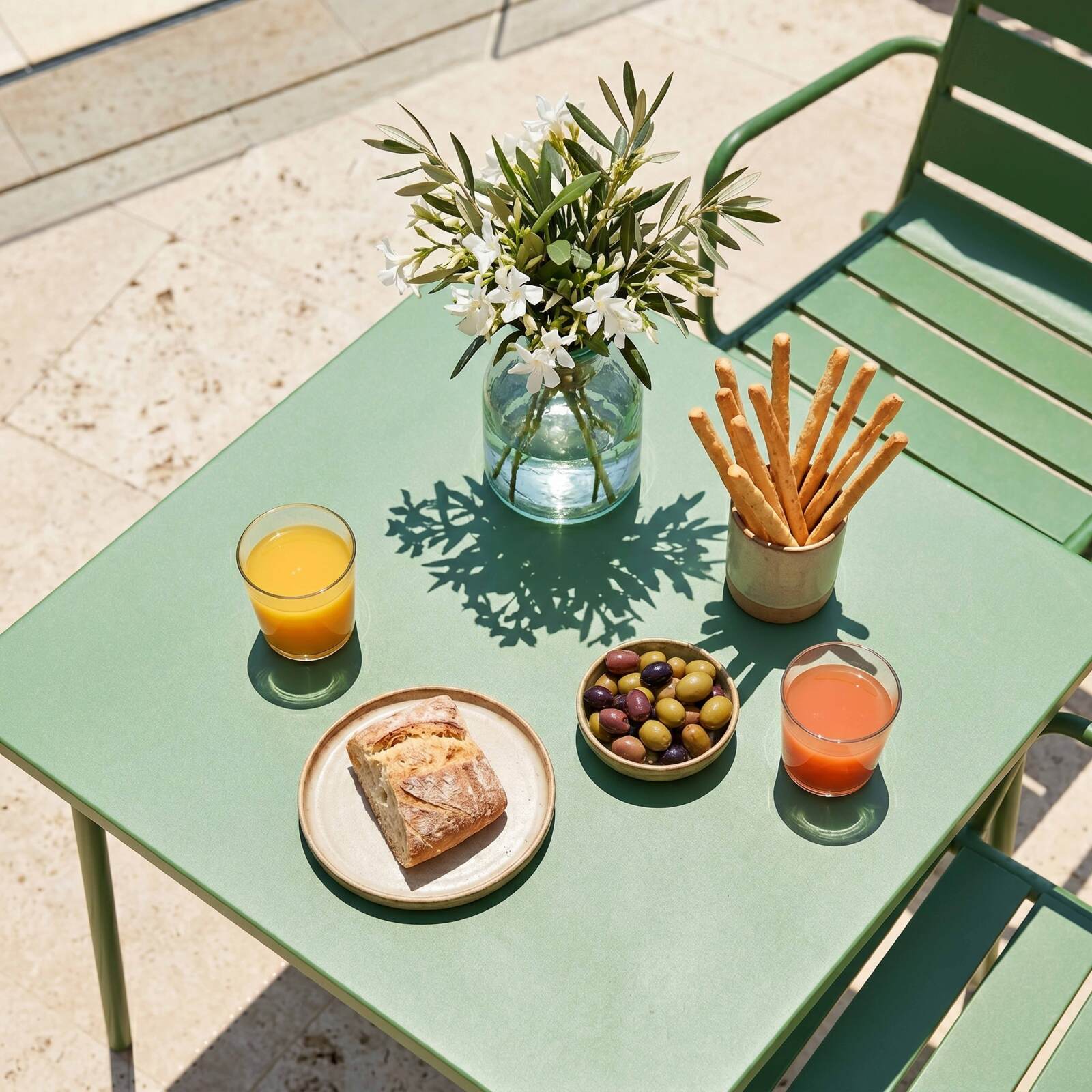 Table de jardin bistrot carrée en métal 70x70 cm et 2 chaises avec accoudoirs