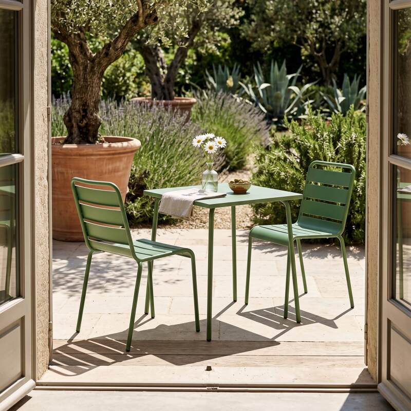 Table de jardin bistrot carrée en métal 70x70 cm et 2 chaises