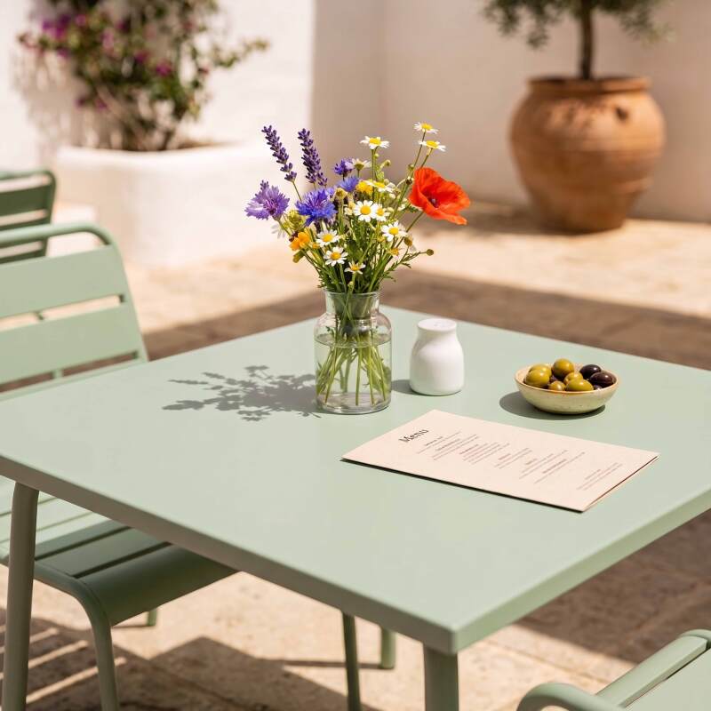 Table de jardin bistrot carrée en métal 70x70 cm et 2 chaises (6/7)