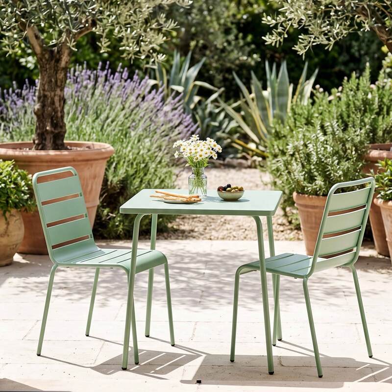Table de jardin bistrot carrée en métal 70x70 cm et 2 chaises