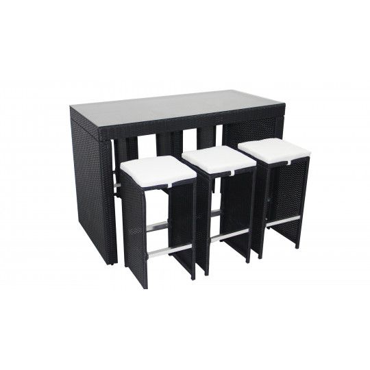 Table de jardin haute et 6 tabourets en résine tressée
