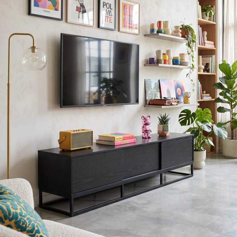 Meuble TV noir effet bois 180 cm