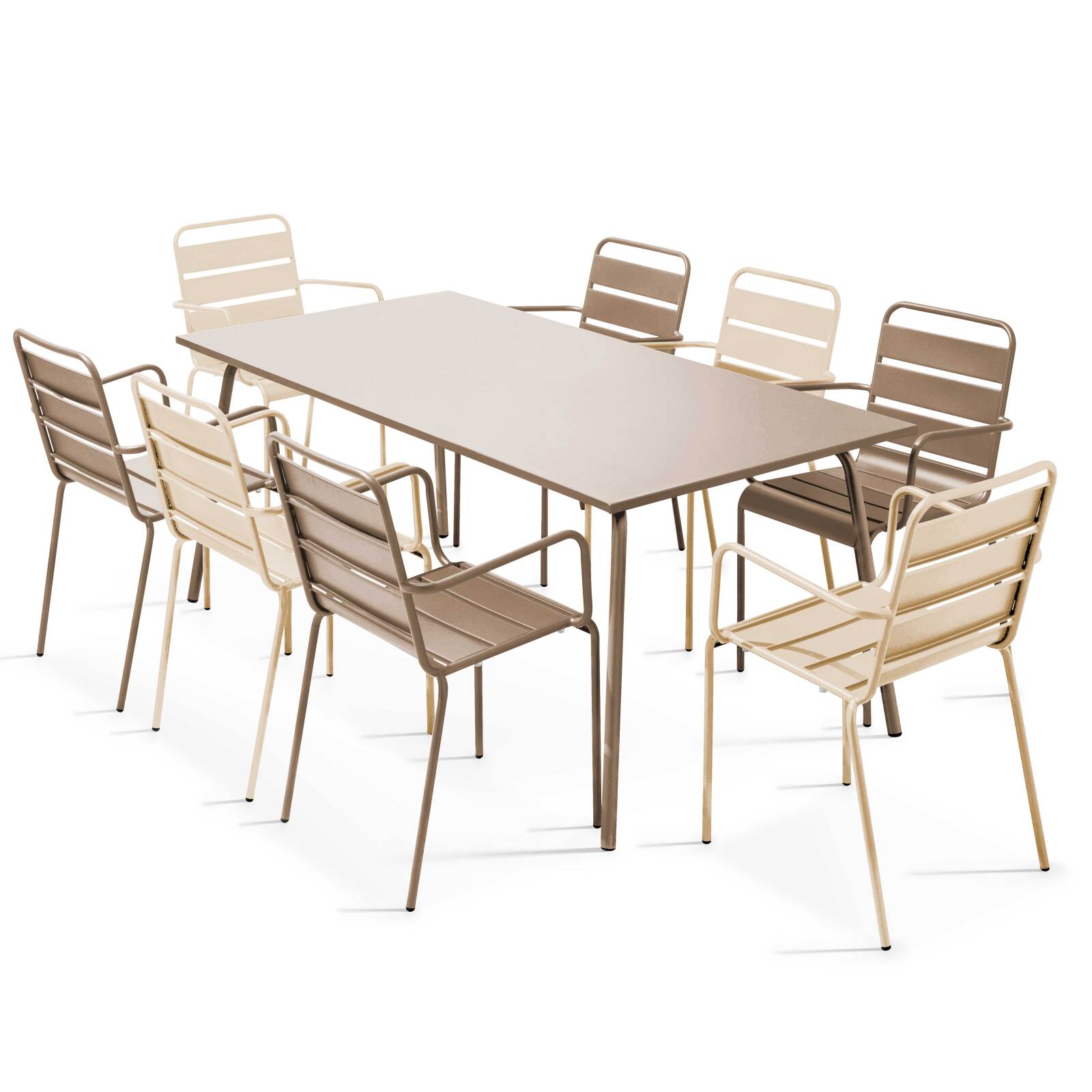 Table de jardin en métal 180x90 cm et 8 chaises dépareillés avec accoudoirs