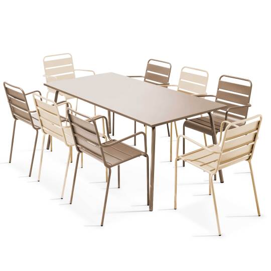 Table de jardin en métal 180x90 cm et 8 chaises dépareillés avec accoudoirs