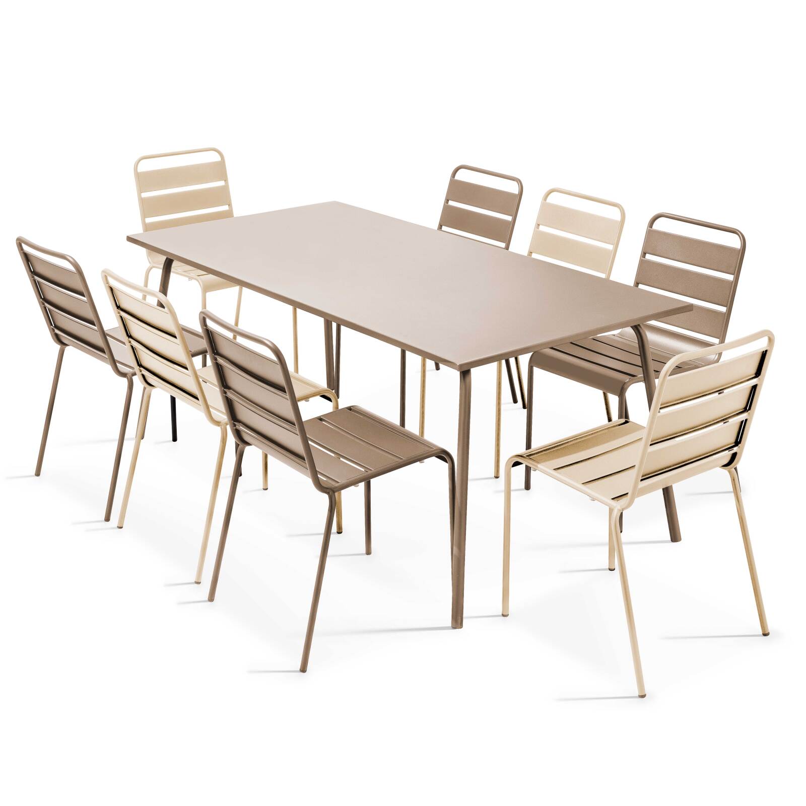 Table de jardin en métal 180x90 cm et 8 chaises dépareillées