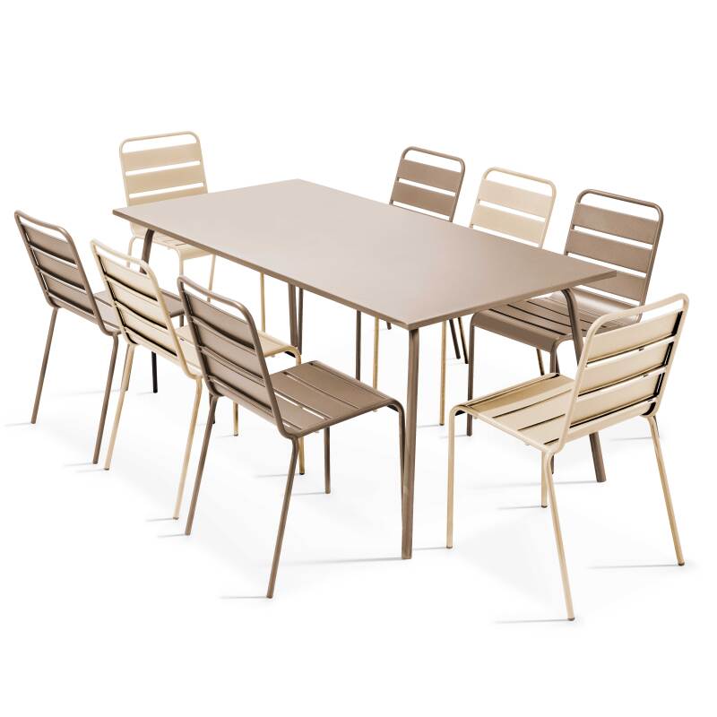 Table de jardin en métal 180x90 cm et 8 chaises dépareillées