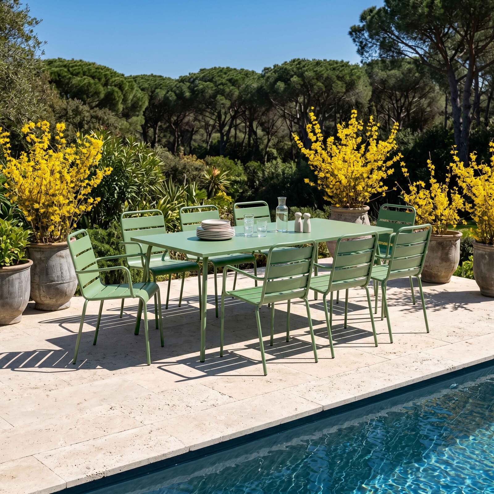 Table de jardin en métal 180x90 cm et 8 chaises avec accoudoirs