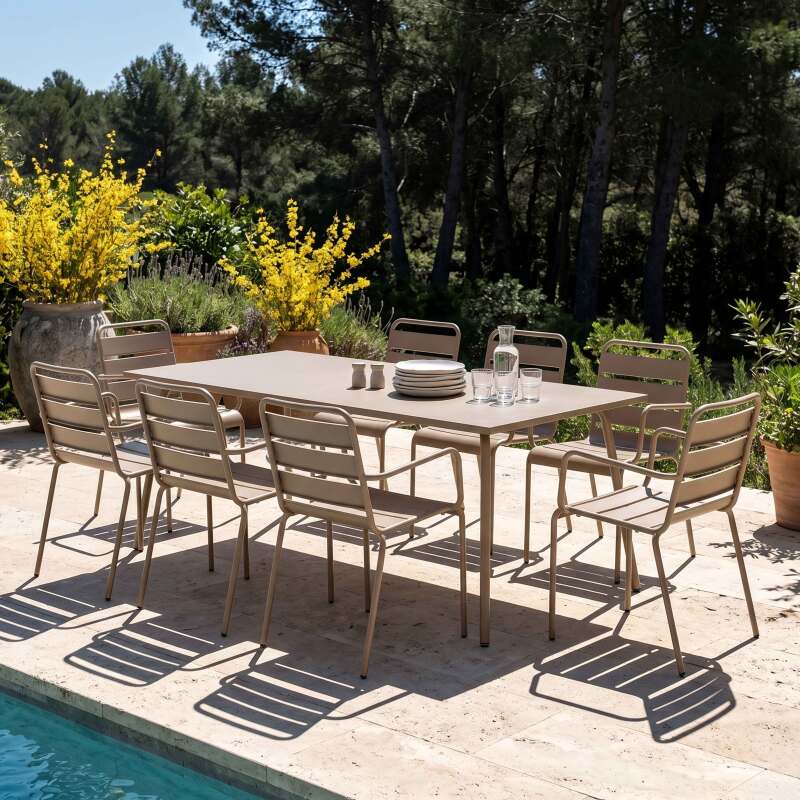 Table de jardin en métal 180x90 cm et 8 chaises avec accoudoirs