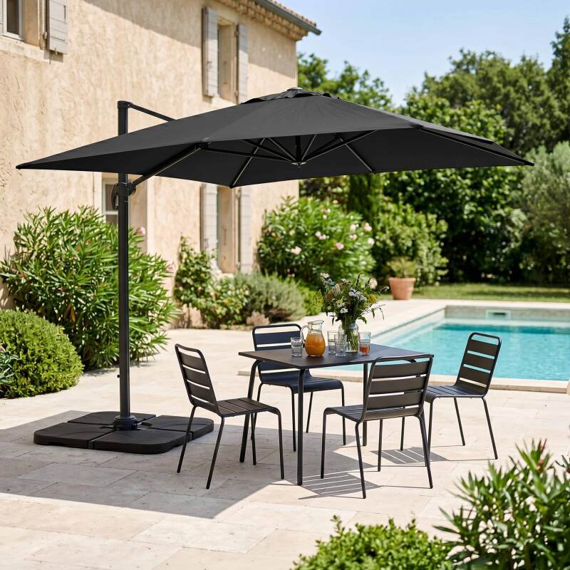 Parasol déporté 4x3 m rectangulaire inclinable rotatif 360° et 4 dalles à lester remplissables