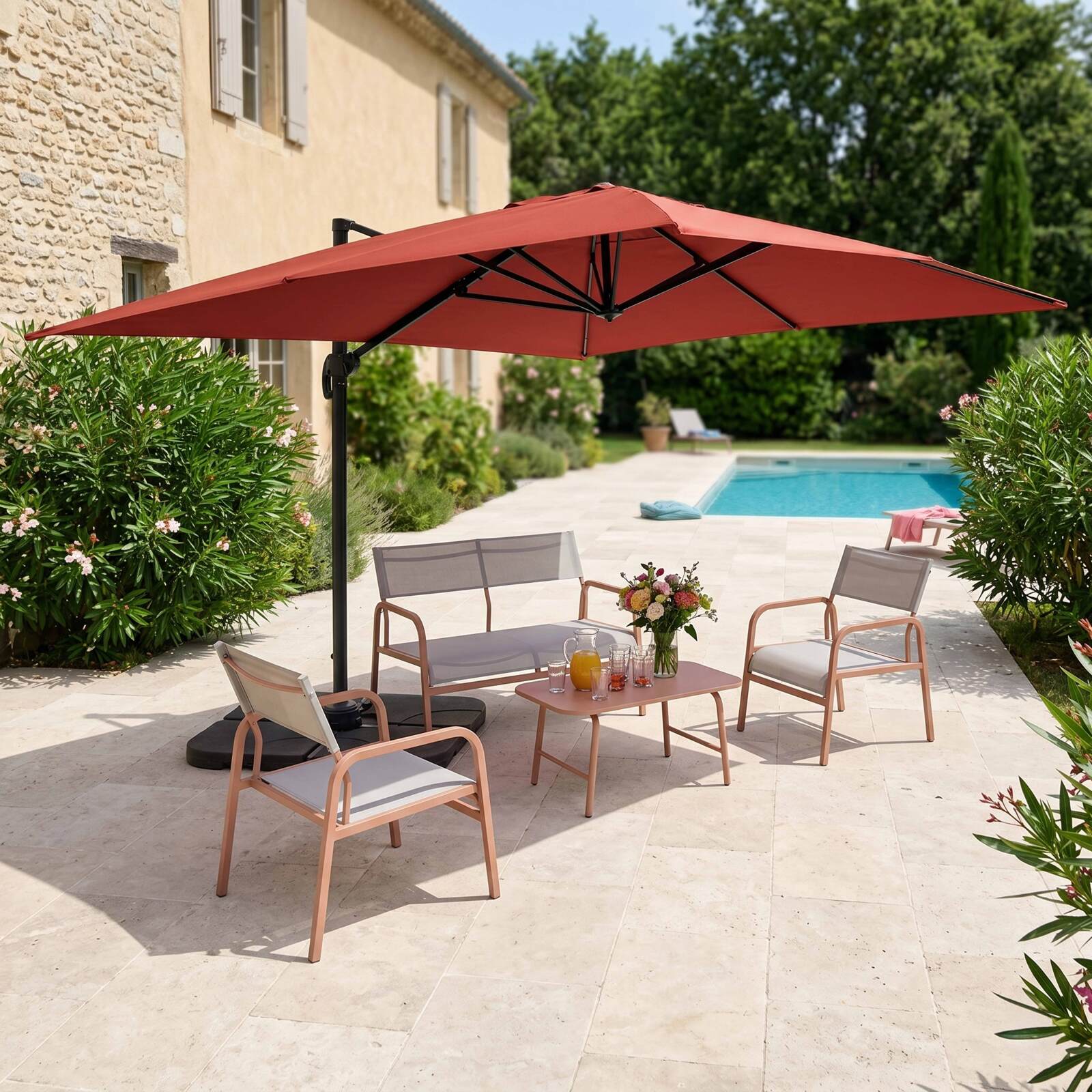 Parasol déporté 4x3 m rectangulaire inclinable rotatif 360° et 4 dalles à lester remplissables