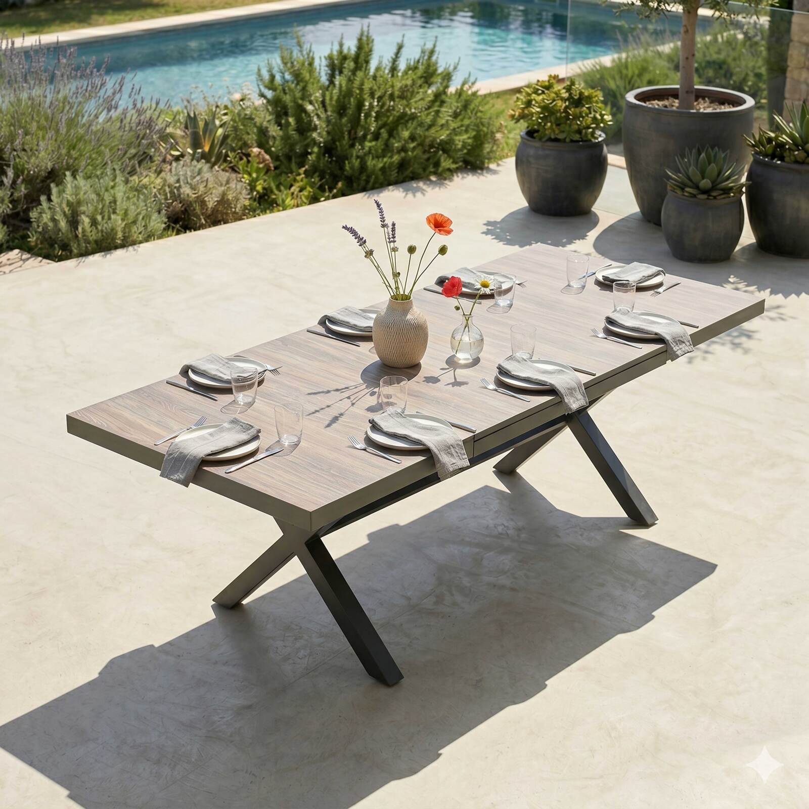 Table de jardin extensible en aluminium et céramique effet bois 8 à 12 personnes 200/260x100 cm